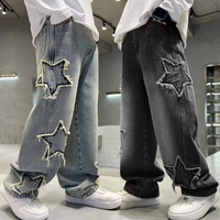 Jeans High Street Baggy à Jambes Larges avec Patch Brodé Étoile Colorée, Pantalon en Denim Décontracté pour Homme à Coupe Droite