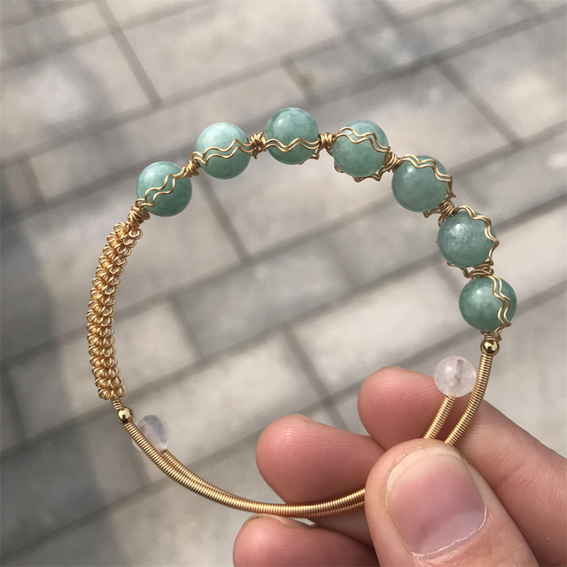 Hot Sell Crystal Stone Beads Bracelets Bangle,Wire Wrapped Gold Copper Open Cuff Bangles