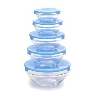 Wholesale 5pcs Glass Mixing Fresh Bowl Set Round Glass Fruit Salad Food Containers Serving Bowl With Plastic Lid