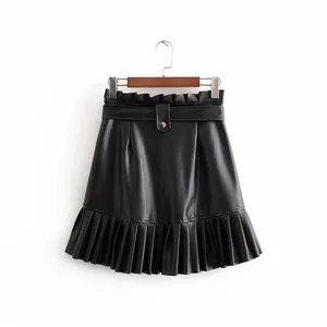 China New Design Girls Leather Skirt Faux Leather Black Skirt With Gathered Detail Womens Pleated Leather Skirts