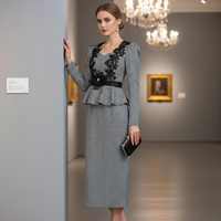 ZYHT 21950 Robe Midi Femme Élégante et Douce, Noire et Blanche, Tissée Pied-de-Poule, Taille Naturelle, Manches Longues, Broderie Dentelle, Écologique