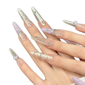Qianya - Juego <span class=keywords><strong>de</strong></span> <span class=keywords><strong>Uñas</strong></span> Postizas Acrílicas Hechas a Mano, Color Morado Degradado, con <span class=keywords><strong>Diseño</strong></span> <span class=keywords><strong>de</strong></span> Lazo y Mariposa, Talladas en 3D, para Mujer, Venta al por Mayor - Product Image 1