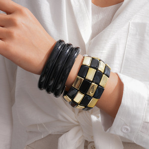 J Retro Vintage Acrylic Gold Plated Stackable <b>Bracelet</b> Geometric Square Round Patchwork Trendy Statement <b>Bangles</b> for Unisex - Product Image 1