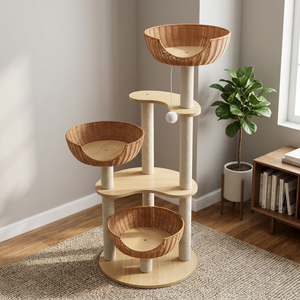 Wicker <b>Cat</b> <b>Tree</b> <b>Cat</b> Tower Wooden <b>Cat</b> Climber <b>Scratching</b> <b>Post</b> Indoor Pet Furniture - Product Image 1