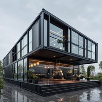 Maison modulaire en conteneur résidentiel avec plan à deux étages, murs en verre et balcon