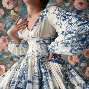 Abito da ballo Vintage con stampa a fossetta verde con stampa a sbuffo lungo manica a sbuffo e traspirante da <span class=keywords><strong>donna</strong></span> <span class=keywords><strong>abbigliamento</strong></span> <span class=keywords><strong>formale</strong></span> - Product Image 2