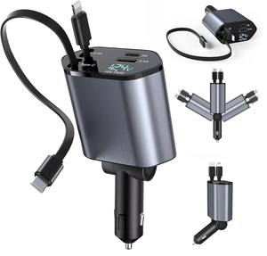 <span class=keywords><strong>Chargeur</strong></span> <span class=keywords><strong>Voiture</strong></span> Rétractable 4 en 1 Charge Rapide 2 Ports USB Adaptateur <span class=keywords><strong>Intelligent</strong></span> pour Tous Téléphones Mobiles et Montres Connectées - Product Image 1