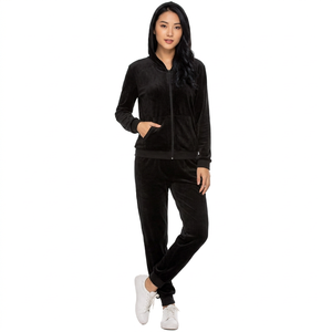 Custom Manufacturer Women <b>Velour</b> Breathable Winter <b>Tracksuit</b> 2-Piece Solid Black Full Sleeve Hooded Zipper Front Casual Jogger - Product Image 6