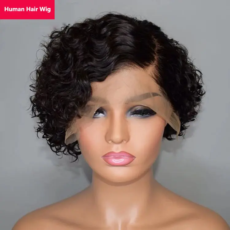 Short Curly Lace Frontal Bouncy Curly Human Hair Wig PiXie Cut Wig Preplucked Bob Lace Part Afro Wigs