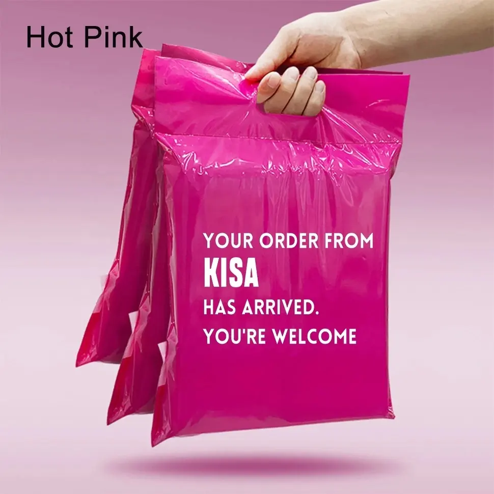 Bolsa de correo de poliéster caqui con logotipo personalizado, color rosa, paquete de plástico, envío de correo