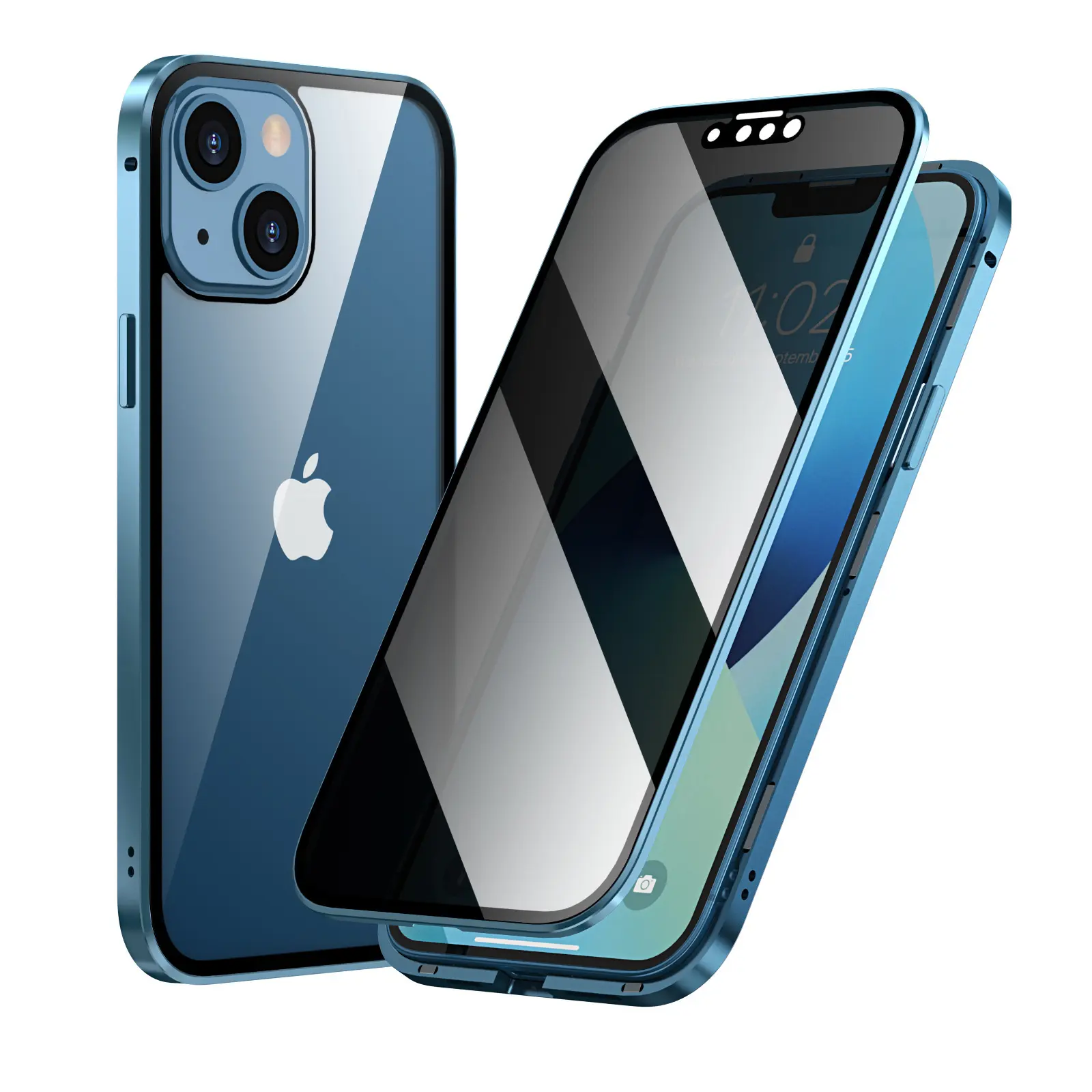 Blue Metal Magnetic Bumper Case Anti Spy Tempered Glass For iPhone 13 Pro Max 12 Mini 11 13Pro iPhone13 Cover Phone Accessories