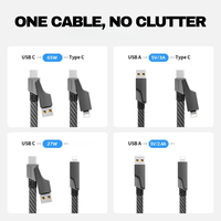 Câble de charge multifonctionnel 4-en-1 en nylon tressé plat 65W polyvalent pour utilisation quotidienne : ordinateur portable, téléphone, tablette, synchronisation des données et alimentation