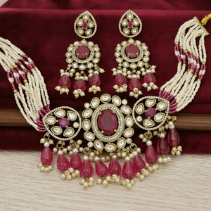 Elegant Brass Pearl Strands Moissanite Choker Necklace Set Matching Earrings Women Traditional Anniversary Antique Gold Plated - Product Image 3