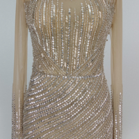 Robe de soirée élégante moulante en maille nude perlée, à manches longues, col montant, découpe au dos, fente latérale, longueur mi-mollet, avec soutien-gorge intégré