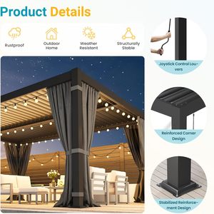 Pergola à lames orientables 12' x 16', pergola d'extérieur avec rideaux et moustiquaire, pergola <span class=keywords><strong>de</strong></span> patio en métal, gazebo en métal à toit rigide pour patio, terrasse - Product Image 6