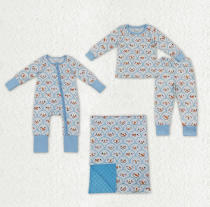 Pyjama ensembles pour bébés garçons, motif bonhommes de neige bleus de Noël, style chinois, barboteuse zippée, vêtements - Product Image 2