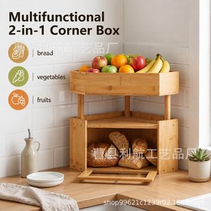 Lihang Bamboo Bread Box Double Layer Kitchen Storage Corner Shelf For Food Fruit Countertop Organizer - Product Image 4