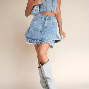 กระโปรงยีนส์ระบายประดับคริสตัลคุณภาพสูง เอวสูง สไตล์วินเทจ ล้างสีแบบแอซิดวอช สำหรับผู้หญิง - Product Image 5