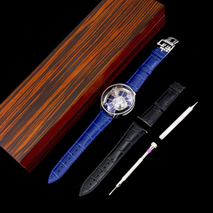 Montre mécanique pour homme style Astronomia Tourbillon avec cadran ciel étoilé, boîtier argenté, globe terrestre rotatif, bracelet en crocodile bleu - Product Image 6