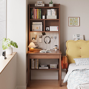<b>Mini</b> Solid Wood <b>Desk</b> With Bookshelf Integrated Study Table For Home Bedroom Computer Use Rubberwood Minimalist Modern Style - Product Image 4