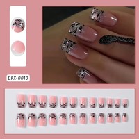 24 Uñas Postizas Francesas Blancas con Diseño de Lazo 3D, Uñas Postizas de Color Nude, Puntas de Uñas Falsas para Mujer, Manicura DIY
