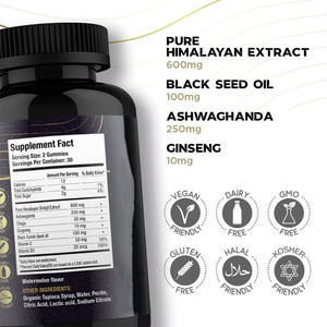 Suplemento dietético Himalayan Shilajit resina gomitas con Ashwaganda / Chaga/Gingseng/aceite de semilla de comino negro/vitamina C / D3 - Product Image 2