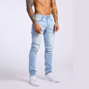 Jean slim élégant pour homme en denim extensible, taille mi-haute, couleur unie délavée, coupe crayon, pour soirée et tenue décontractée - Product Image 2