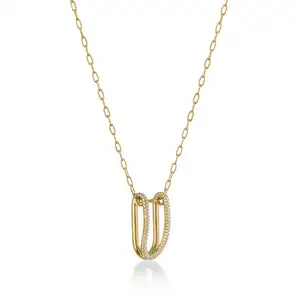 FirstMadam 14K Gold U-Shaped Folded Link Natural Diamond Pendant Necklace For Stacking