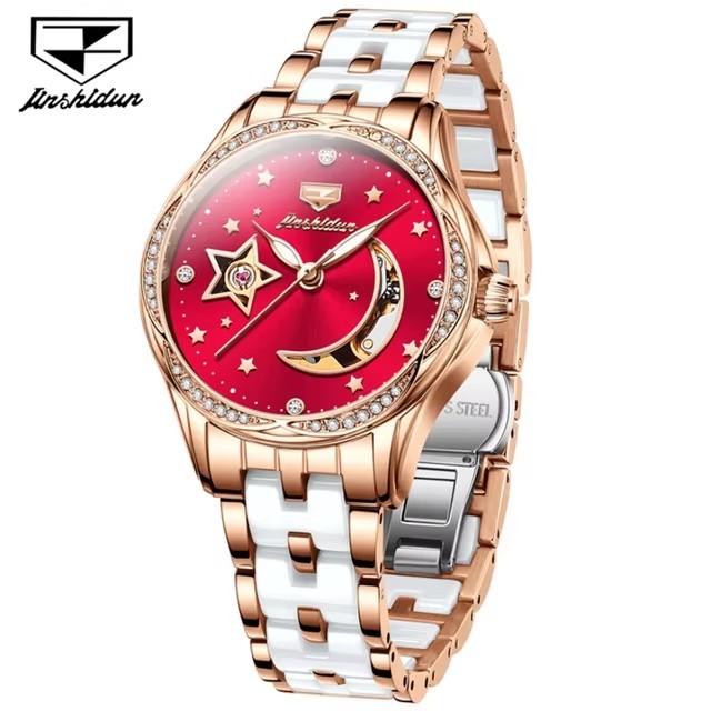 Jsdun 8962 Hollow Moon Star Diamond Dial Brand Elegant Automatic Mechanical Women's Watch Luxury Stainless Strap Women's Watches