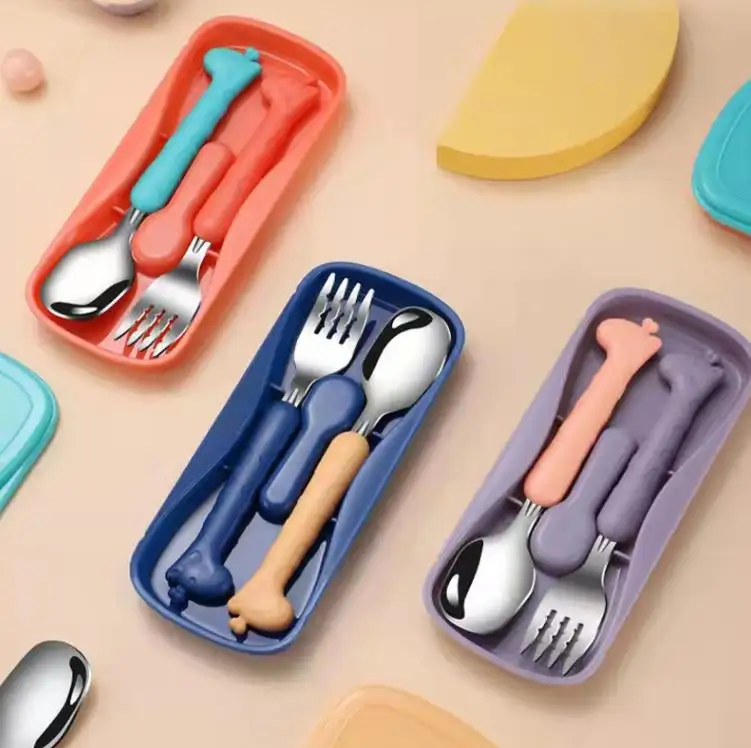 Giraffe Cartoon Kids Flatware Sets Food Feeding Spoon Fork Stainless Steel Toddler Dinnerware Cutlery Baby Children Cutlery Set