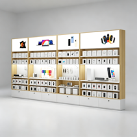 Grand présentoir mural pour accessoires de téléphone portable, cadre en bois grainé, vitrine avec éclairage LED et tiroirs de rangement verrouillables