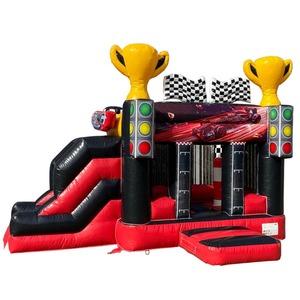 Château gonflable de course automobile avec toboggan, trophée et feux de circulation pour enfants, idéal pour les fêtes sur le thème de la vitesse - Product Image 1