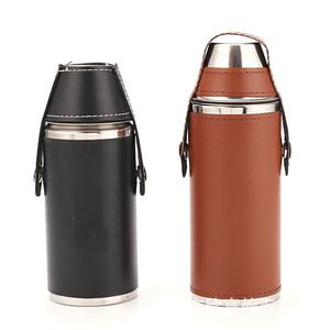 กระติกน้ำทรงกระบอกแบบพกพา, กระติกน้ำสแตนเลส, กระติกน้ำหนังขนาด 8 ออนซ์ 12 ออนซ์ พร้อมแก้ว 4 ใบ - Product Image 1