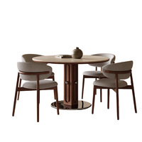 Juego de Mesa y Sillas de Comedor de 4 Plazas Hecho a Mano con Tapa de Piedra Sinterizada y Madera Sólida, Ecológico, para Hotel, Apartamento, Villa, Estilo Moderno de Mediados de Siglo
