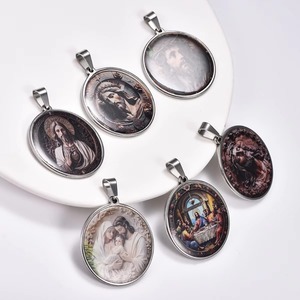 Pendentif rond en acier inoxydable Jésus Vierge Marie pour collier DIY, breloques la Sainte Famille, amulette, prière, foi, bijoux en métal - Product Image 3