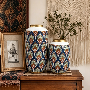 Juego de Jarrones de Cerámica <span class=keywords><strong>con</strong></span> Diseño de <span class=keywords><strong>Plumas</strong></span> de Pavo Real Bohemio, <span class=keywords><strong>con</strong></span> Borde Dorado, Decoración Floral Azul y Marrón, Par de Jarrones - Product Image 4