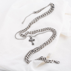 Punk Style Stainless Steel Double Layer <b>Chain</b> <b>Cross</b> Necklace Unisex Fashion Pendant - Product Image 3