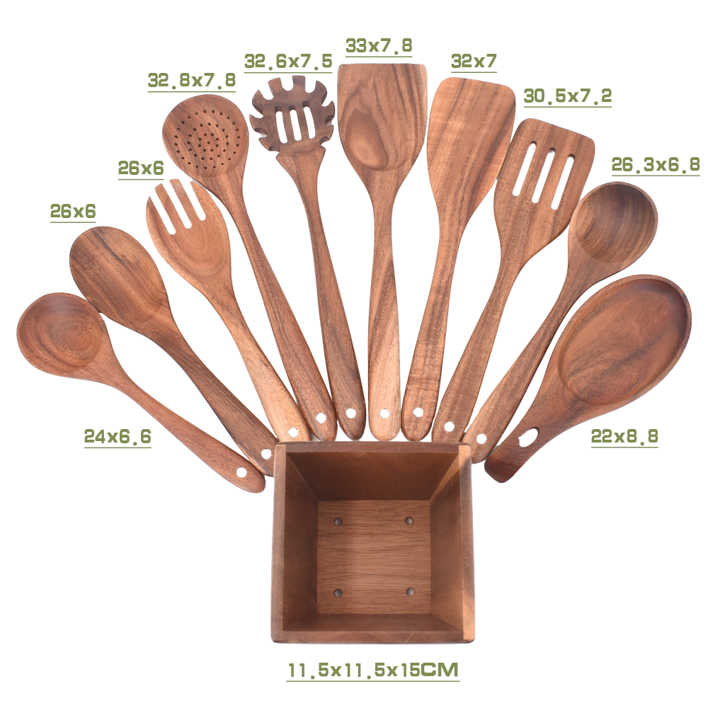 11Pcs Nonstick Kitchen Accessories Acacia Wooden Cooking Tools Spoons Spatulas Kitchen Utensils Set · image 2