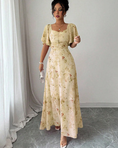 Robe <span class=keywords><strong>longue</strong></span> décontractée pour femme en mousseline de soie, imprimé floral et papillons, col <span class=keywords><strong>carré</strong></span>, manches courtes volantées, taille froncée, coupe évasée fluide - Product Image 4