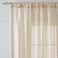 Rideau brodé sur mesure, rideau rétro en lin-coton avec pompon