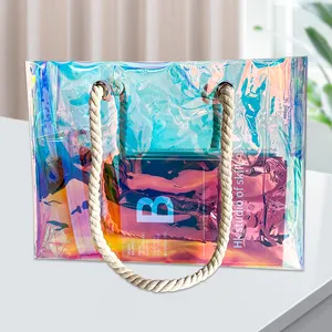 Горячая голографическая прозрачная сумка-тоут из ПВХ с веревочной ручкой, летняя женская модная пляжная сумка из ПВХ