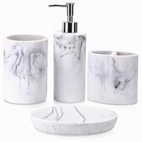 Ensemble complet d'accessoires de salle de bain CF en résine marbrée 4 pièces : distributeur de savon, porte-brosse à dents, gobelet à bain de bouche pour salle de bain et hôtel