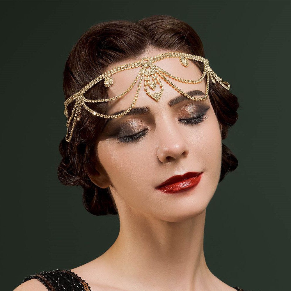 Многослойная 1920s лента для волос с блестящими бриллиантами на цепочке для волос головной убор с украшением из горного хрусталя Женская цепочка на голову с кристаллами