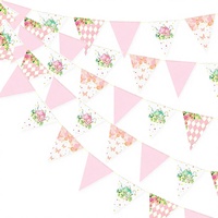 Décorations de fête du thé de printemps : Guirlande triangulaire en carton à motifs floraux, papillons, carreaux, rose et or, pour diverses occasions