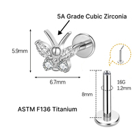 JiaXin ASTM F136 G23 Titanio Push Pin Sin Rosca para Labret, Labio, Hélix, Concha, Cartílago, con Incrustación de Corazón de Circonita Cúbica, Joyería para Piercing 16G