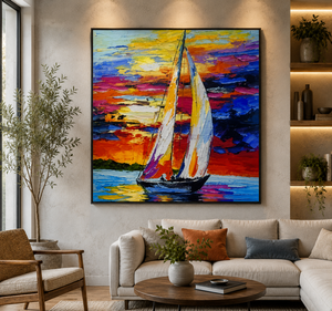 Pintura al Óleo Pintada a Mano Golden Sail, Arte de Paisaje Marino, Velero Impresionista, Decoración de Interiores, Obra de Arte Original - Product Image 3