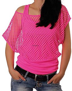 Women Casual Sexy 80s Costumes Fishnet <strong>Neon</strong> Off Shoulder T-Shirt Ecoparty - Product Image 1
