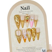 Tacana 10 pièces Faux ongles à presser de luxe style français, forme Stiletto, avec nœud, cœur, strass, baroque, doré européen, couverture complète