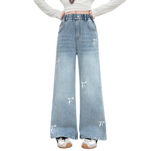 Pantaloni in Denim comodi Casual alla moda da ragazza 2025 con <span class=keywords><strong>Jeans</strong></span> ricamati a gamba larga per la primavera/autunno - Product Image 3