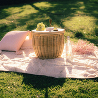 Panier de plage rond et ovale en osier de bambou, 1 pièce, ensemble de panier cadeau, refroidisseur isolé avec couvercle en bois, pour enfant